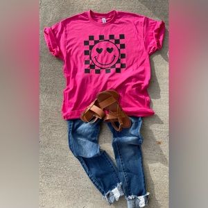 Checkered Smiley Face Tee, checkered, smiley face, pink, Valentine’s Day
